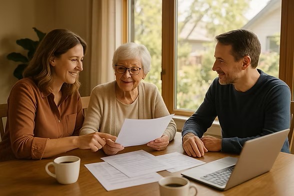 Familie geht gemeinsam Unterlagen am Tisch durch