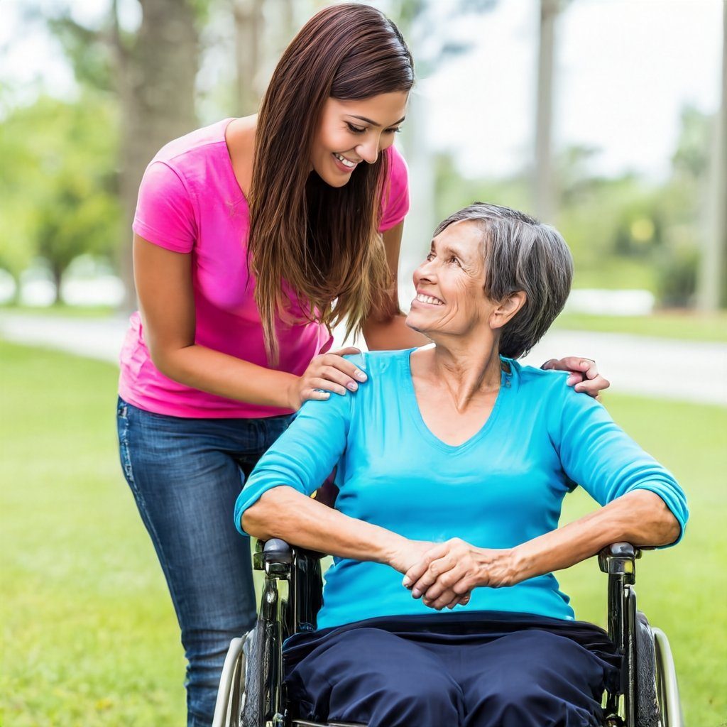 Betreuungskraft und Seniorin im Freien