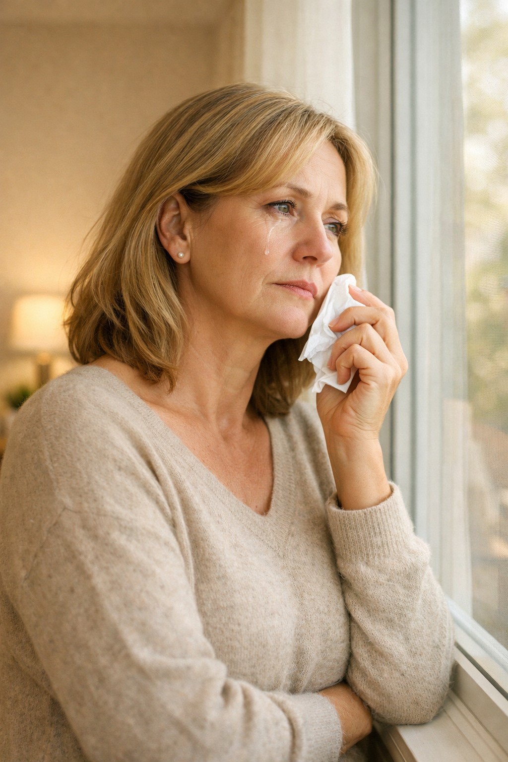 Seniorin blickt allein aus dem Fenster
