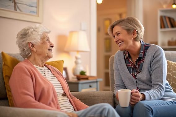 Beratungsgespräch mit einer Seniorin im Wohnzimmer – 24-Stunden-Betreuung in Bergisch Gladbach